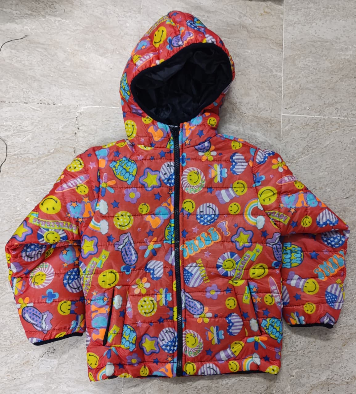 Puffer Hoodie Jacket | Stars & Smiley | Red