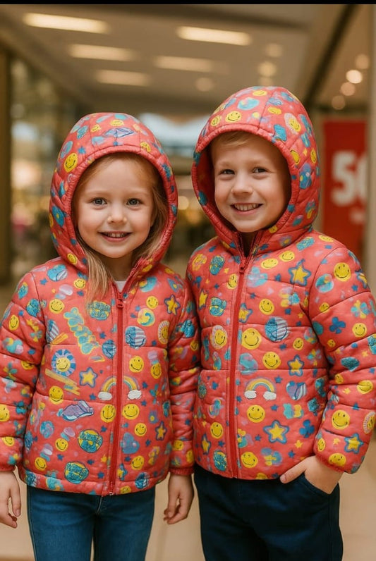 Puffer Hoodie Jacket | Stars & Smiley | Red